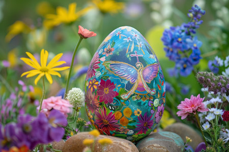 A Vibrant Easter Celebration: A Colorfully Painted Egg Emblazoned with a Symbol of Peace and Harmony Amidst Spring Flowersの素材