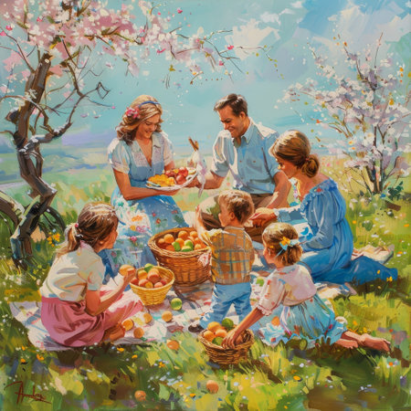 A Joyful Family Gathering Under the Warm Spring Sun for an Easter Picnic, Surrounded by Blossoming Flowers and Easter Eggsの素材