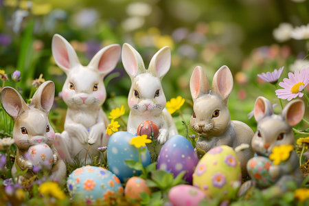 A Whimsical Gathering of Easter Bunny Figurines Celebrating Spring Amidst a Field of Colorful Eggs and Blooming Flowersの素材