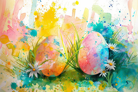 A Whimsical Watercolor Wonderland: Unveiling the Hidden Easter Symbols Amidst Vibrant Splashes of Springの素材