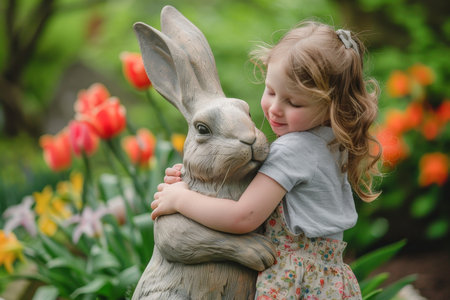 A Heartwarming Moment Captured: Little Child Embracing a Life-Sized Easter Bunny Statue with Pure Joy and Innocenceの素材