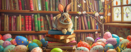 A Whimsical Easter Scene: A Curious Bunny Perched Atop a Towering Stack of Colorful Books, Surrounded by Scattered Eggsの素材