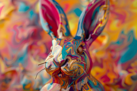 A Whimsical Journey into Easter: The Enigmatic Dance of Abstract Chocolate Bunnies Melting into Colorful Patternsの素材