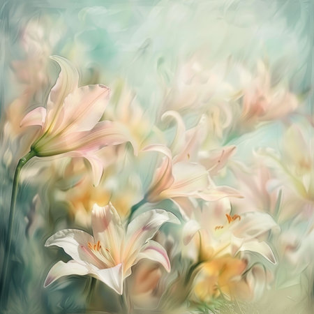 A Dreamy Easter Canvas: Soft, Blurry Dots Merge to Paint an Enchanting Field of Blooming Easter Lilies in Pastel Huesの素材