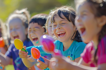 Children Laughing and Racing with Brightly Colored Eggs on Spoons at a Sunny Easter Day Gatheringの素材