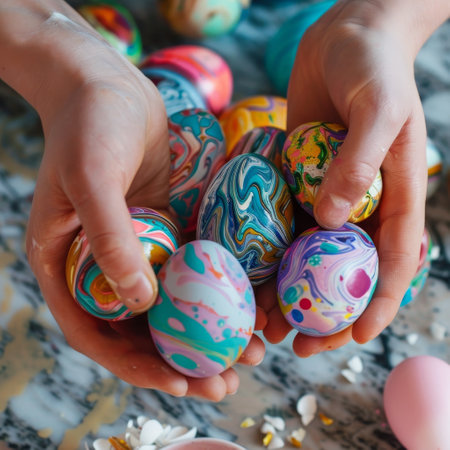A Whimsical Easter Celebration: Children Delighting in the Art of Marbling Eggs with Vibrant Colors and Patternsの素材