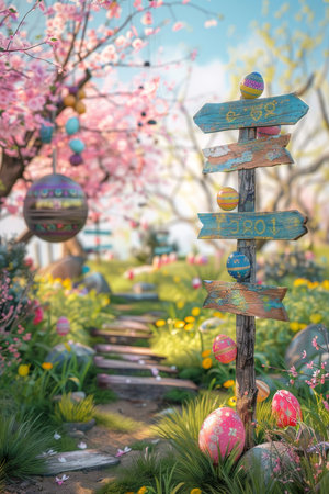 A Colorful Easter Egg Hunt Signpost Points the Way to Fun and Adventure in a Blossoming Spring Yardの素材
