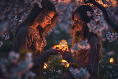 A Magical Easter Evening: Friends Gathered in a Blossoming Garden, Holding Sparkling Eggs as Dusk Sets Inの素材