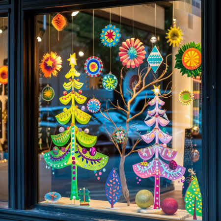 A Whimsical Display of Seasonal Joy: Colorful Window Clings and Decorations Brightening Up Homes Throughout the Yearの素材