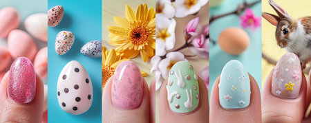 Easter Extravaganza on Your Fingertips: A Colorful Array of Easter-Themed Nail Art Sets Featuring Bunnies, Eggs, and Spring Flowersの素材