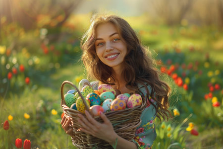 A Joyful Moment Captured as a Woman Embraces the Spirit of Spring by Holding a Basket Brimming with Vibrantly Colored Easter Eggsの素材