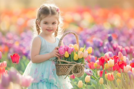 A Young Girl in a Pastel Dress Holding a Woven Basket Overflowing with Vibrant Tulips Celebrates the Joy of Easterの素材