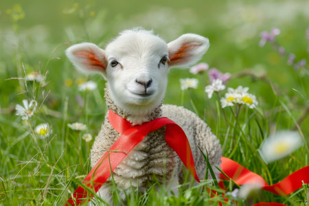 A Fluffy White Lamb in a Lush Green Meadow, Adorned with a Bright Red Ribbon Around Its Neck, Celebrates Easterの素材