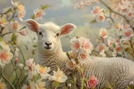 A Serene Spring Morning Captured in the Countryside, Featuring a Playful Lamb Frolicking Amongst Blooming Flowers Symbolizing New Beginningsの素材
