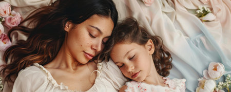 A Heartwarming Easter Moment: Mother and Daughter Embrace in Matching Outfits Against a Dreamy Pastel-Colored Fabric Backdropの素材