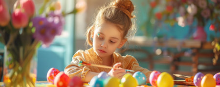 A Young Girl Focused Intently on Painting Colorful Easter Eggs at a Brightly Lit Table on a Sunny Spring Morningの素材