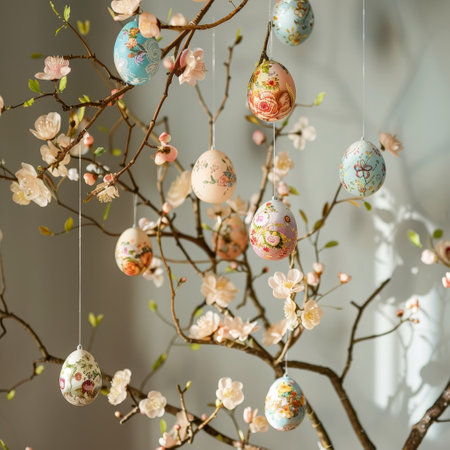 A Whimsical Easter Celebration: Delicately Decorated Eggs Dangling Gracefully from the Blossoming Branches of Springの素材