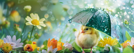 A Delightful Easter Scene: A Tiny Yellow Chick Finds Shelter Under a Vibrant Green Leaf Umbrella Amidst Spring Flowersの素材