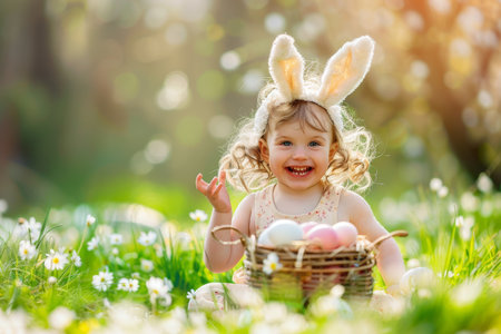 A Joyful Child Dressed in Fluffy Bunny Ears Celebrates Easter with a Basket Full of Colorful Eggs in a Blossoming Spring Gardenの素材