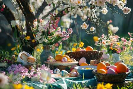 A Joyful Easter Picnic Under the Warm Spring Sun, Surrounded by Blossoming Flowers and Colorful Easter Eggsの素材