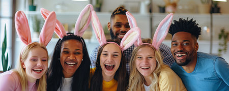 A Joyful Gathering: Group of Enthusiastic Employees Donning Bunny Ears for a Memorable Easter Celebration Photoの素材