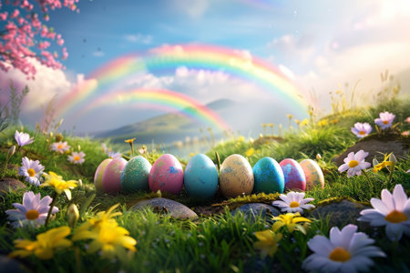 A Vibrant Display of Easter Joy: Colorful Eggs Meticulously Arranged to Form a Magnificent Rainbow in a Lush Spring Meadowの素材