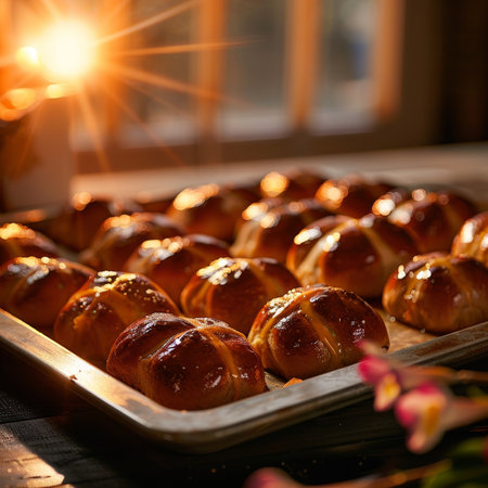 A Warm and Inviting Easter Morning Scene: Freshly Baked Hot Cross Buns Gleaming on a Baking Tray, Ready to Delightの素材