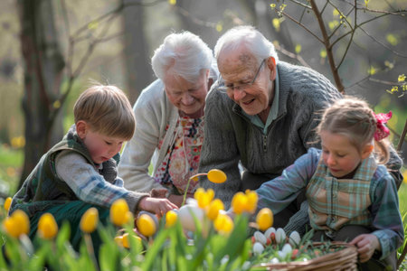 A Heartwarming Easter Sunday: Grandparents Joyfully Sharing the Tradition of Easter Egg Hunting with Their Grandkids in the Blossoming Spring Gardenの素材