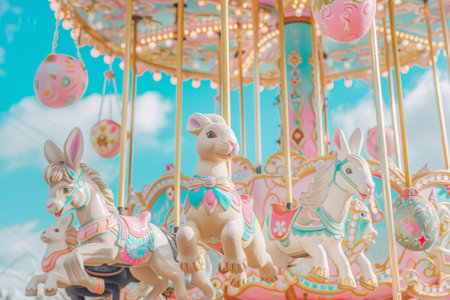 A Whimsical Easter-Themed Carousel, Adorned with Pastel Eggs and Joyful Bunnies, Spinning Under a Springtime Skyの素材