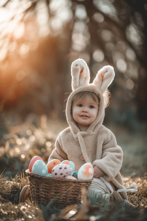 A Joyful Moment Captured as a Young Child Wearing Fluffy Bunny Ears Celebrates Easter with a Basket Full of Colorful Eggsの素材