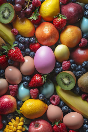 A Cleverly Disguised Easter Egg Hides Among a Colorful Array of Fresh Fruits, Challenging Observers to Spot Itの素材