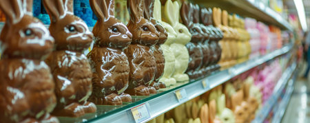 A Delightful Array of Chocolate Bunnies Lined Up at the Grocery Store Checkout, Tempting Shoppers with Their Sweet Gazeの素材