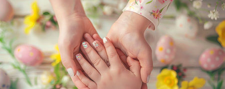 A Heartwarming Easter Moment: Mother and Daughter Bond Over Their Matching Festive Easter Nails, Celebrating Spring Togetherの素材