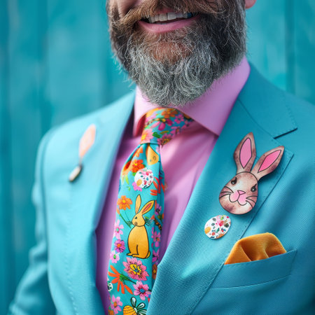 A Joyful Celebration of Spring: Man Proudly Wearing a Colorful Easter-Themed Tie Adorned with Bunnies and Eggsの素材