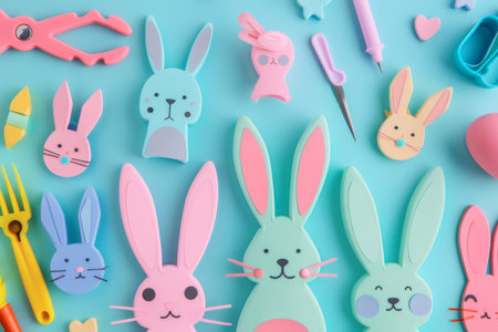 A Delightful Array of Bunny-Shaped Paper Punch Tools Laid Out on a Pastel Background, Perfect for Easter Crafting Projectsの素材