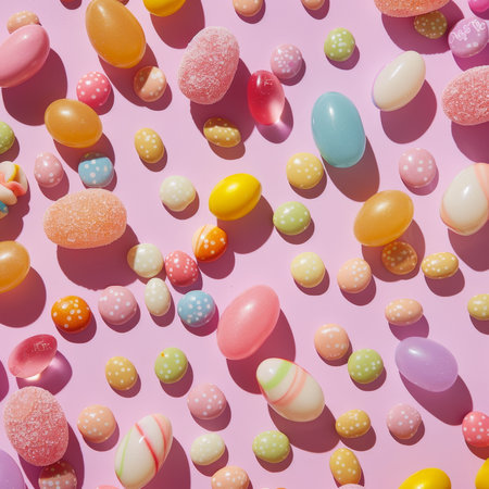 A Colorful Array of Jelly Beans and Other Easter Candies Spread Out on a Pastel Background, Celebrating the Sweetness of Springの素材