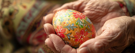 A Gentle Grasp on Tradition: A Close-Up Illustration of a Hand Delicately Holding a Beautifully Decorated Easter Eggの素材