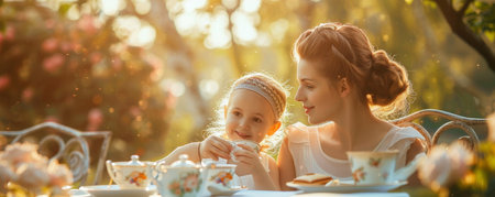 A Heartwarming Easter Celebration: Mother and Daughter Dressed in Matching Tea Party Dresses Enjoying a Sunny Afternoon Tea in the Gardenの素材