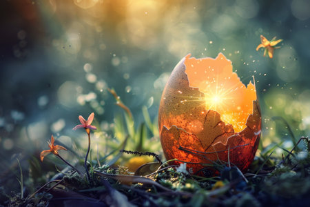 A Magical Easter Morning: The Moment a Radiant Beam of Light Emerges from a Delicately Cracked Open Eggの素材