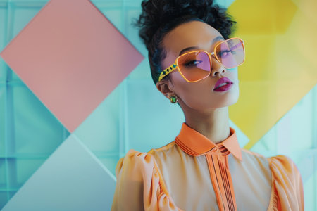 Elegance Embodied: A Sophisticated Lady Strikes a Pose Against a Geometric Pastel Backdrop, Radiating Spring Vibes in Her Chic Outfitの素材
