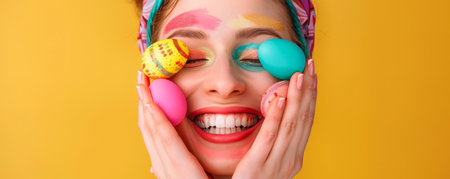 A Joyful Celebration of Spring: Smiling Person with Colorfully Painted Easter Egg Cheeks Welcoming the Seasonの素材