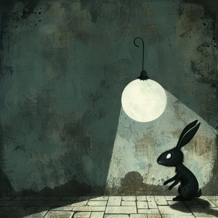 A Whimsical Easter Tale Unfolds as the Silhouette of a Curious Bunny Casts Its Shadow Upon a Moonlit Wallの素材