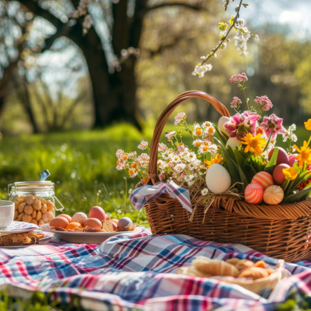 A Joyful Easter-Themed Picnic on a Sunny Spring Day, Complete with Colorful Eggs, Fresh Flowers, and a Basket Full of Treatsの素材