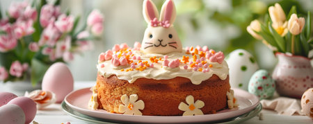 A Delightful Easter Treat: Lusciously Moist Carrot Cake Adorned with Whimsical Bunny Motifs and a Sprinkle of Spring Joyの素材