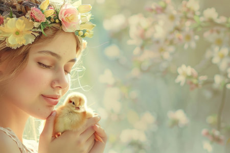 In the Warm Embrace of Spring: A Young Woman Adorned with a Floral Crown Gently Holds a Baby Chick, Symbolizing New Beginningsの素材