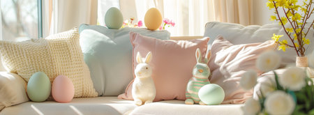 Easter Comfort: Soft Pastel-Colored Throw Pillows Featuring Bunny and Egg Designs on a Comfy Couchの素材