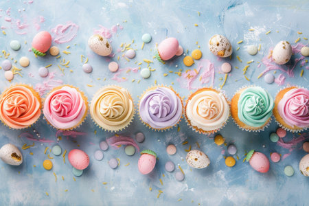 Celebrating Spring with a Colorful Lineup of Easter Cupcakes Topped with Pastel Buttercreamの素材