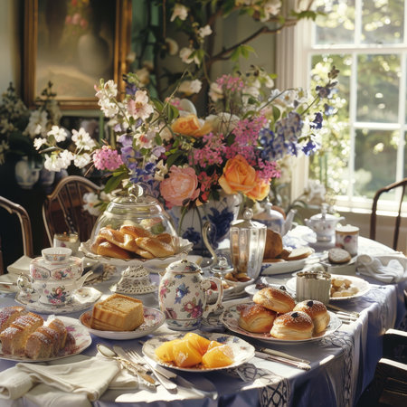 Gathering Joy: A Family's Easter Breakfast Table Set with Love and Spring Decorationsの素材