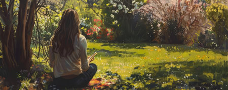 Easter Reflections: A Peaceful Moment of a Woman Reading in a Blossoming Gardenの素材