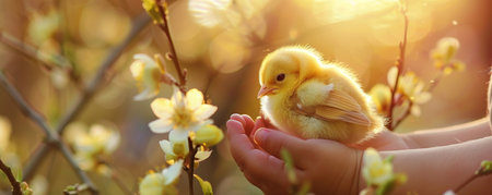 Easter Joy: The Pure Happiness of a Child Holding a Newborn Chick with Care and Wonderの素材